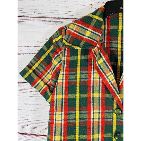 Vintage Plaid Jacket Skirt Set Handmade 1960s or 1970s Retro Green Red Yellow - Picture 4 of 14